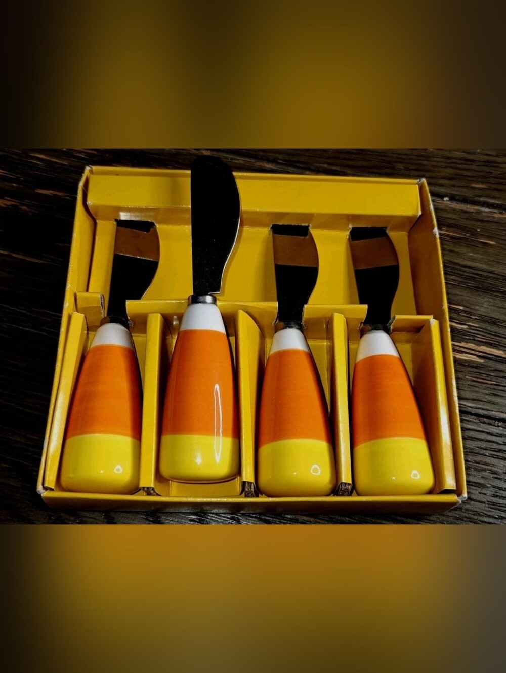 Set of Four tag Candy Corn Cheese Spreaders Knives Halloween Party In Box